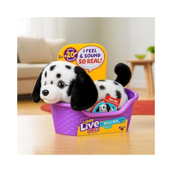 A small, realistic toy puppy named Pepper, featuring soft fur and expressive eyes, sitting on a colorful surface.