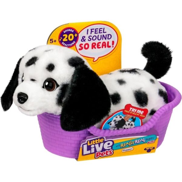 A small, realistic toy puppy named Pepper, featuring soft fur and expressive eyes, sitting on a colorful surface.