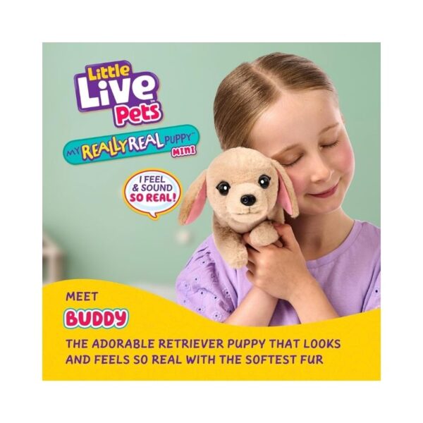 A small, realistic puppy toy from Little Live Pets, featuring soft fur and interactive features for playtime fun