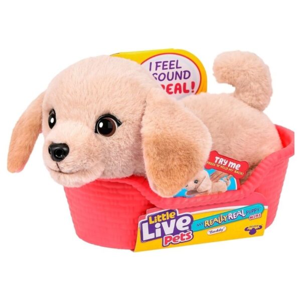 A small, realistic puppy toy from Little Live Pets, featuring soft fur and interactive features for playtime fun