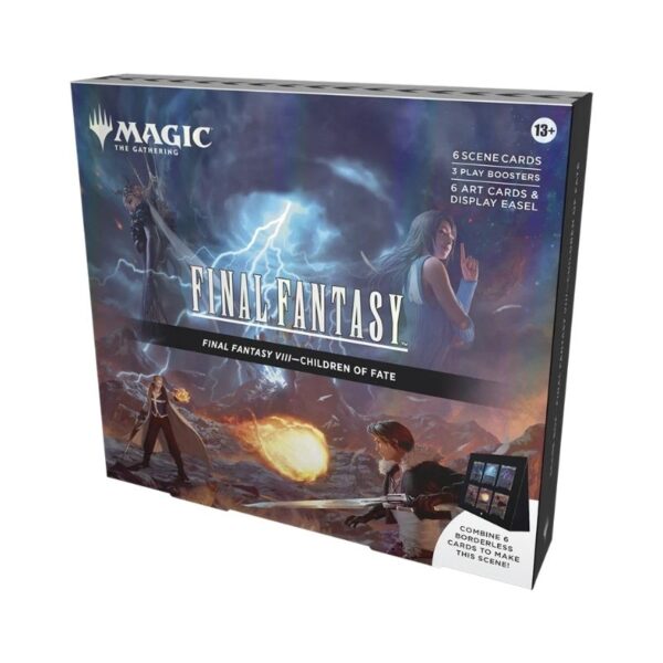 Four Final Fantasy-themed Magic: The Gathering scene boxes displayed together, showcasing vibrant artwork and character designs