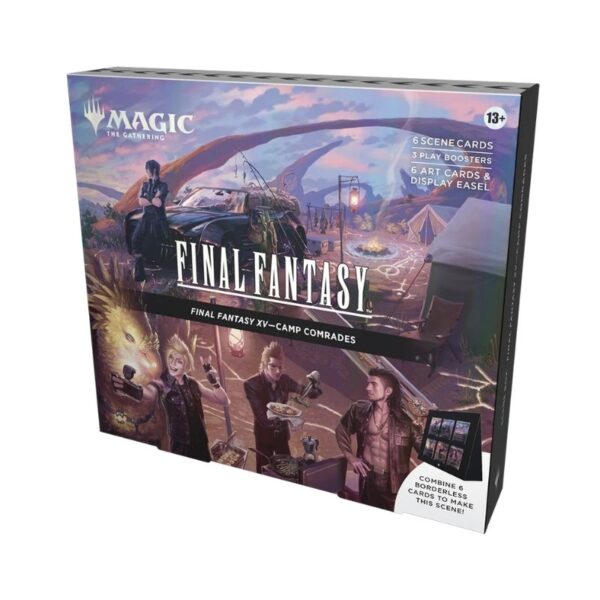 Four Final Fantasy-themed Magic: The Gathering scene boxes displayed together, showcasing vibrant artwork and character designs