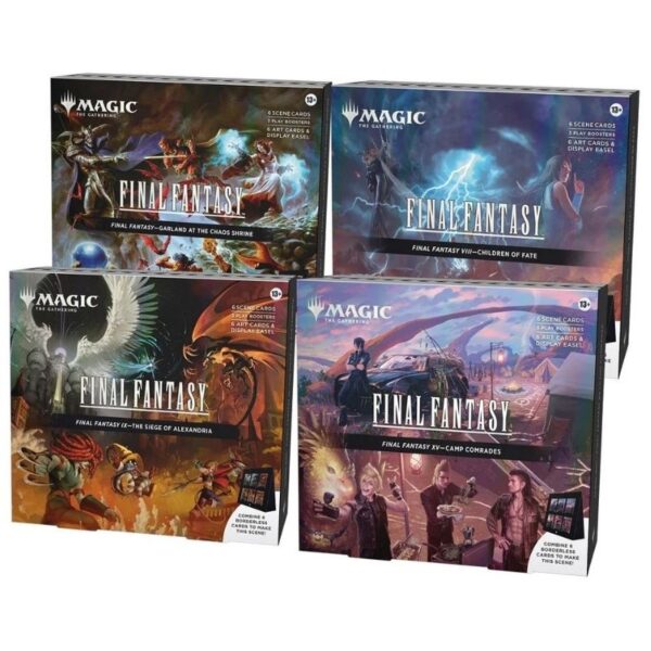 Four Final Fantasy-themed Magic: The Gathering scene boxes displayed together, showcasing vibrant artwork and character designs
