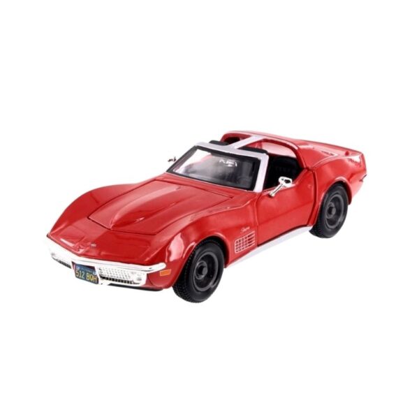 Red 1970 Corvette model by Maisto, scale 1:24, showcasing classic sports car design and details