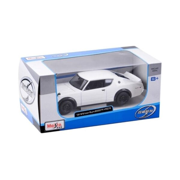 Die-cast model of a 1973 Nissan Skyline 2000GT-R in 1:24 scale, showcasing its classic design and vibrant color