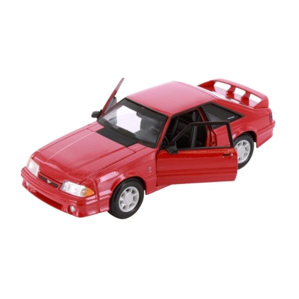 Diecast model of a 1993 Ford Mustang SVT Cobra in 1:24 scale, showcasing its iconic design and vibrant color
