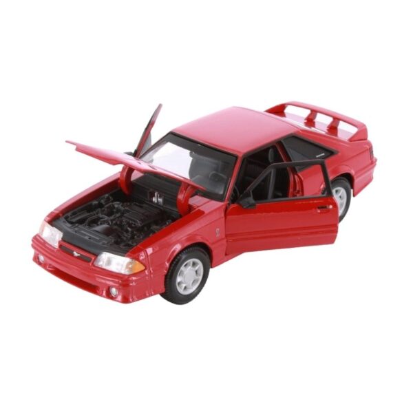 Diecast model of a 1993 Ford Mustang SVT Cobra in 1:24 scale, showcasing its iconic design and vibrant color