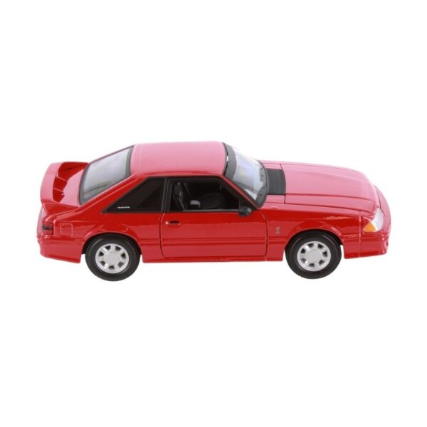 Diecast model of a 1993 Ford Mustang SVT Cobra in 1:24 scale, showcasing its iconic design and vibrant color