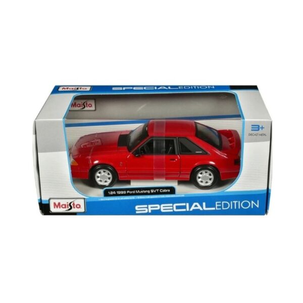 Diecast model of a 1993 Ford Mustang SVT Cobra in 1:24 scale, showcasing its iconic design and vibrant color