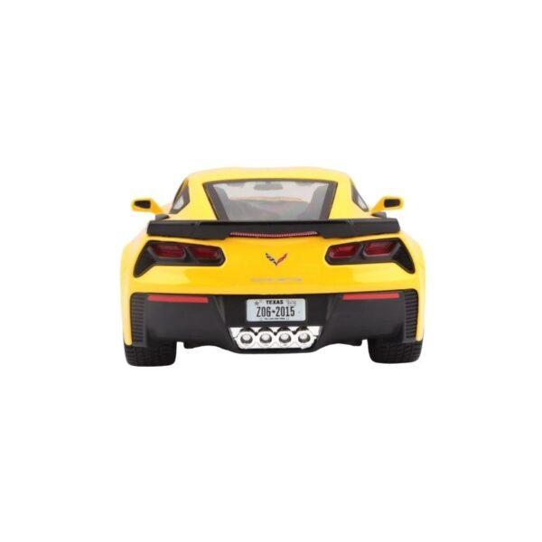 Die-cast model of a yellow 2015 Corvette Z06, scale 1:24, showcasing detailed design and sleek lines