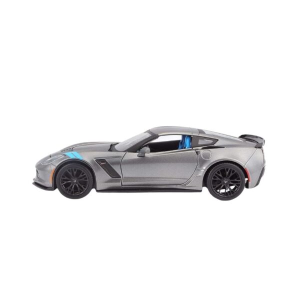 Die-cast model of a 2017 Corvette Grand Sport in 1:24 scale, showcasing its sleek design and vibrant color