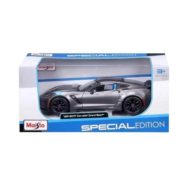 Die-cast model of a 2017 Corvette Grand Sport in 1:24 scale, showcasing its sleek design and vibrant color