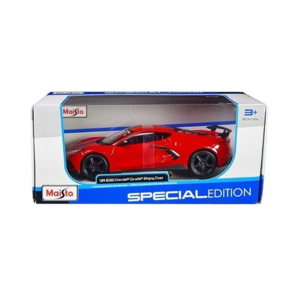 Diecast model of a 2020 Chevrolet Corvette Stingray Coupe in 1:24 scale, showcasing sleek design and vibrant color