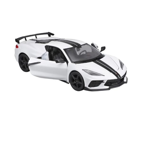 White Maisto 1:24 scale model of a 2020 Chevrolet Corvette Stingray Coupe, showcasing sleek design and details