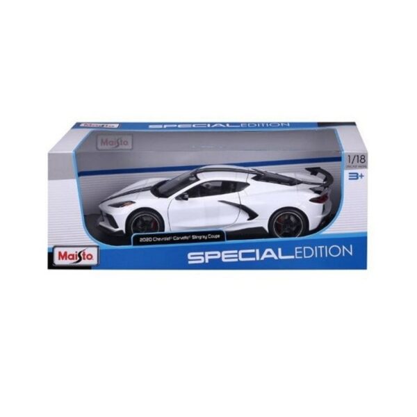 White Maisto 1:24 scale model of a 2020 Chevrolet Corvette Stingray Coupe, showcasing sleek design and details