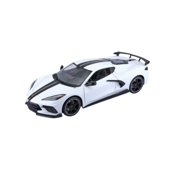 White Maisto 1:24 scale model of a 2020 Chevrolet Corvette Stingray Coupe, showcasing sleek design and details