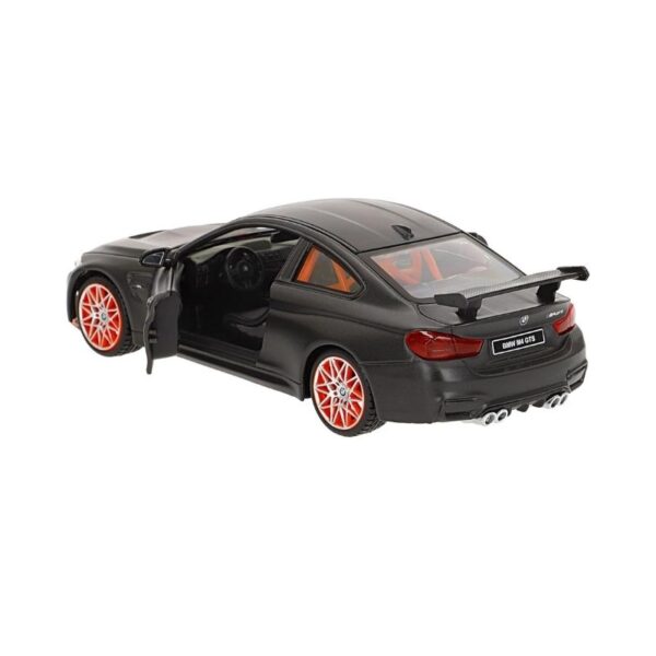Die-cast model of a Maisto 1:24 BMW M4 GTS in orange, showcasing detailed design and realistic features.