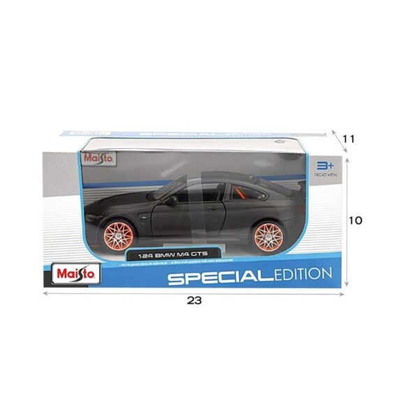 Die-cast model of a Maisto 1:24 BMW M4 GTS in orange, showcasing detailed design and realistic features.