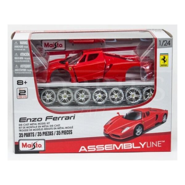Maisto 1:24 scale model of a Ferrari Enzo on an assembly line, showcasing intricate details and vibrant red color