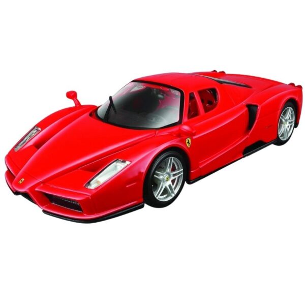 Maisto 1:24 scale model of a Ferrari Enzo on an assembly line, showcasing intricate details and vibrant red color