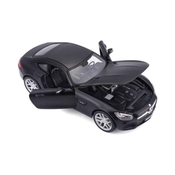 Maisto 1:24 scale model of a Mercedes AMG GT in sleek black, showcasing detailed design and realistic features.