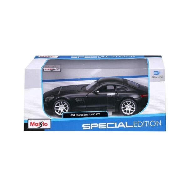 Maisto 1:24 scale model of a Mercedes AMG GT in sleek black, showcasing detailed design and realistic features.