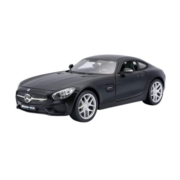 Maisto 1:24 scale model of a Mercedes AMG GT in sleek black, showcasing detailed design and realistic features.