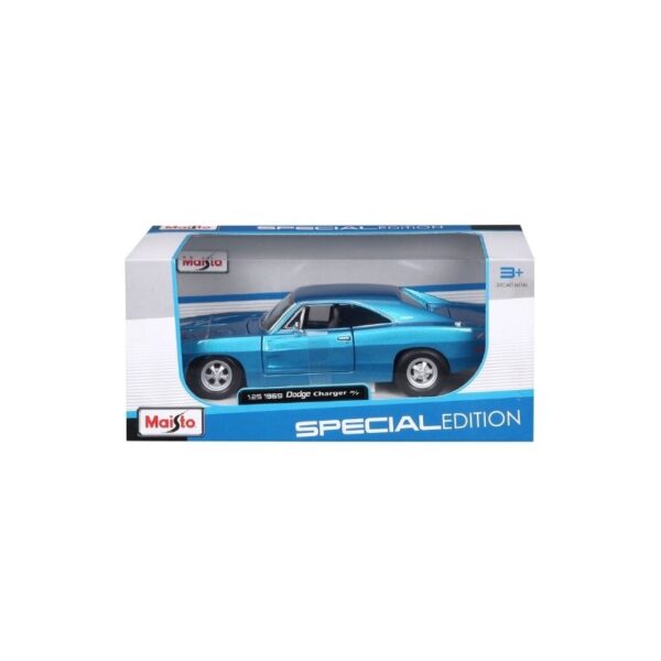 Blue 1969 Dodge Charger R/T model by Maisto, scale 1:25, showcasing classic muscle car design and details