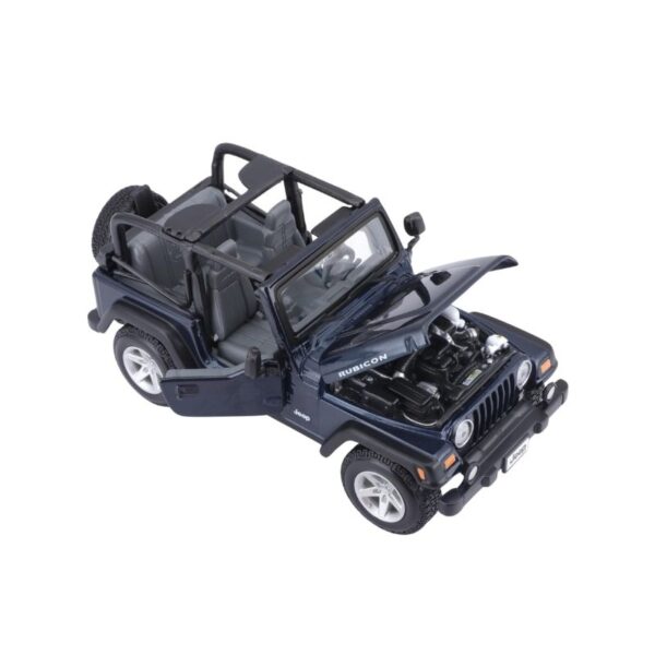 . Maisto 1:27 scale model of a Jeep Wrangler Rubicon in red, showcasing detailed design and realistic features