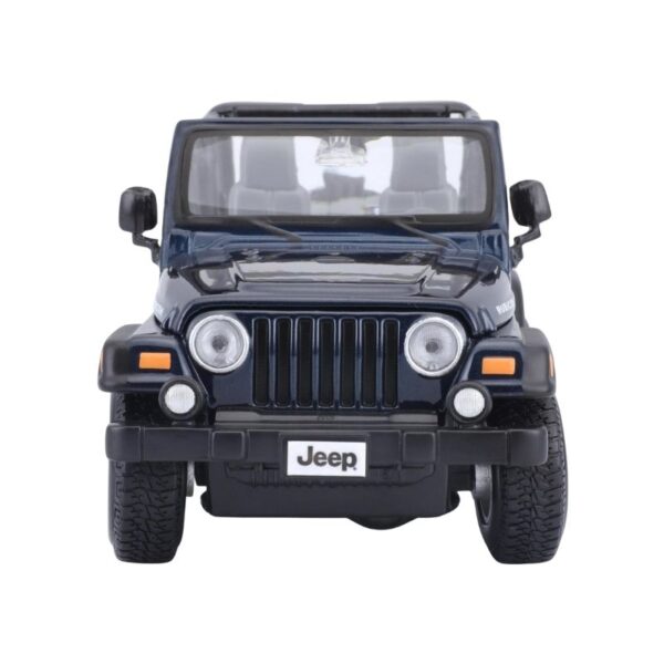 . Maisto 1:27 scale model of a Jeep Wrangler Rubicon in red, showcasing detailed design and realistic features