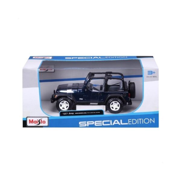 . Maisto 1:27 scale model of a Jeep Wrangler Rubicon in red, showcasing detailed design and realistic features