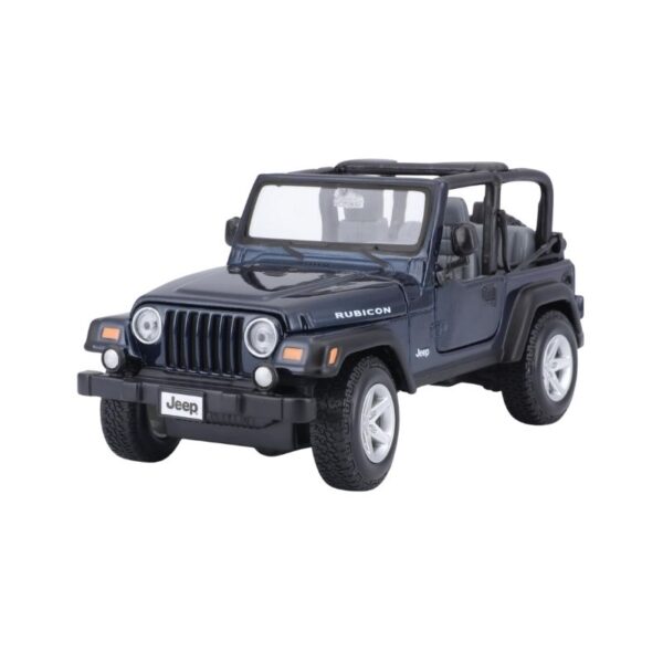 . Maisto 1:27 scale model of a Jeep Wrangler Rubicon in red, showcasing detailed design and realistic features