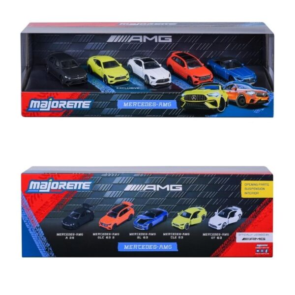 Five-piece gift pack featuring detailed Majorette Mercedes-AMG toy cars in various colors and designs