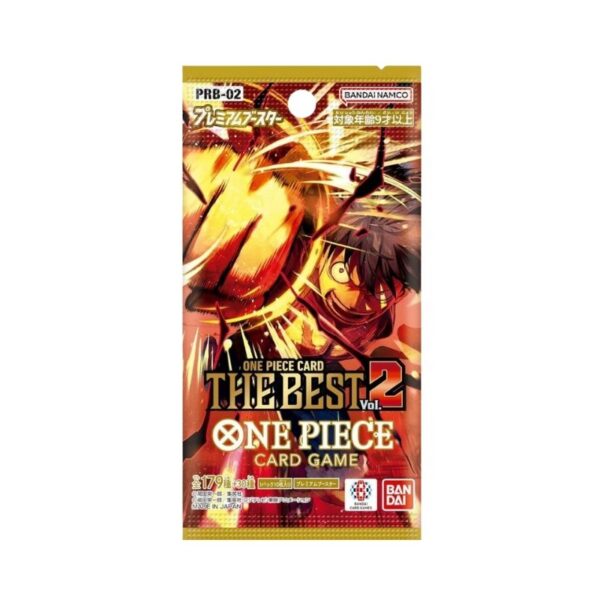 One Piece TCG Booster Box Vol. 2 featuring various collectible cards from the popular anime series, in Japanese edition.