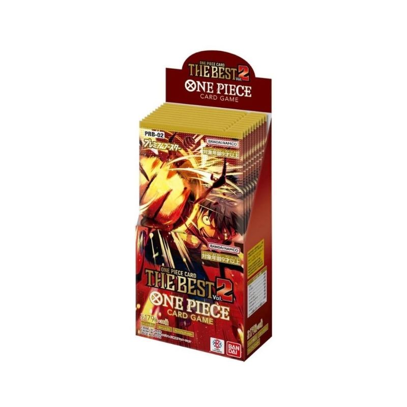 One Piece TCG_ One Piece Card The Best Vol.2 Booster Box JPN One Piece TCG Booster Box Vol. 2 featuring various collectible cards from the popular anime series, in Japanese edition.
