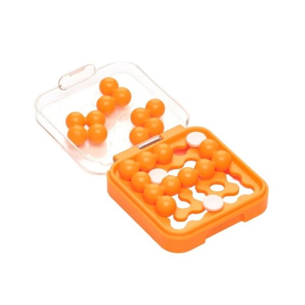 Smart Games IQ Mini in orange, featuring a compact design with colorful puzzle pieces for engaging brain-teasing challenges
