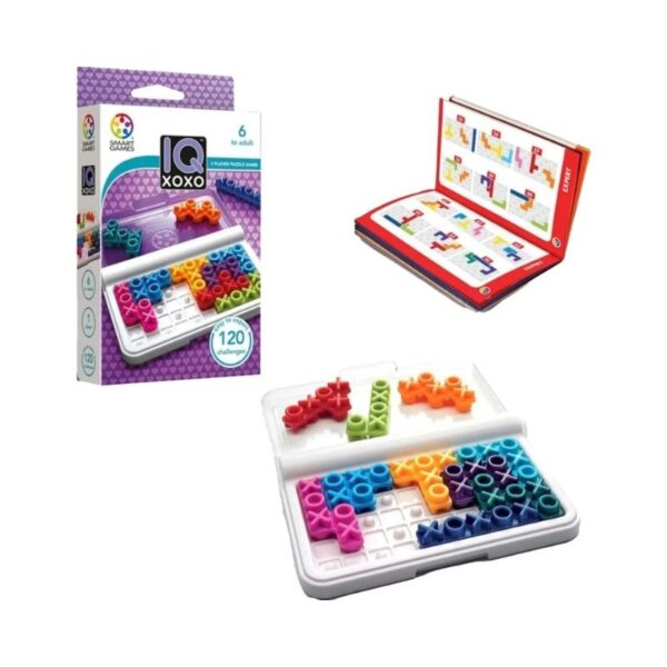 Smart Games IQ Xoxo board game featuring colorful pieces and a grid layout for strategic puzzle-solving fun