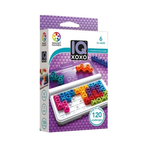 Smart Games IQ Xoxo board game featuring colorful pieces and a grid layout for strategic puzzle-solving fun