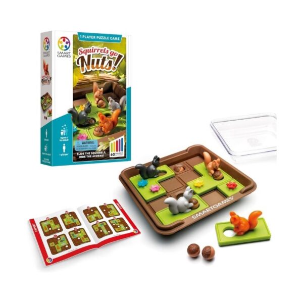 Colorful game box for Smart Games Squirrels Go Nuts, featuring playful squirrels and acorns on the cover