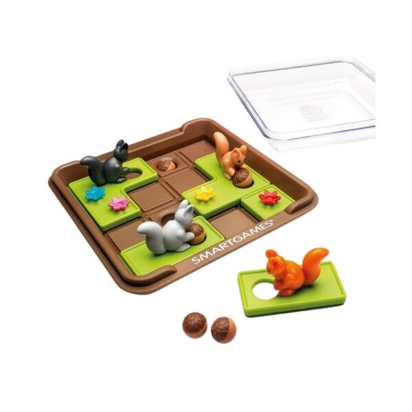 Colorful game box for Smart Games Squirrels Go Nuts, featuring playful squirrels and acorns on the cover