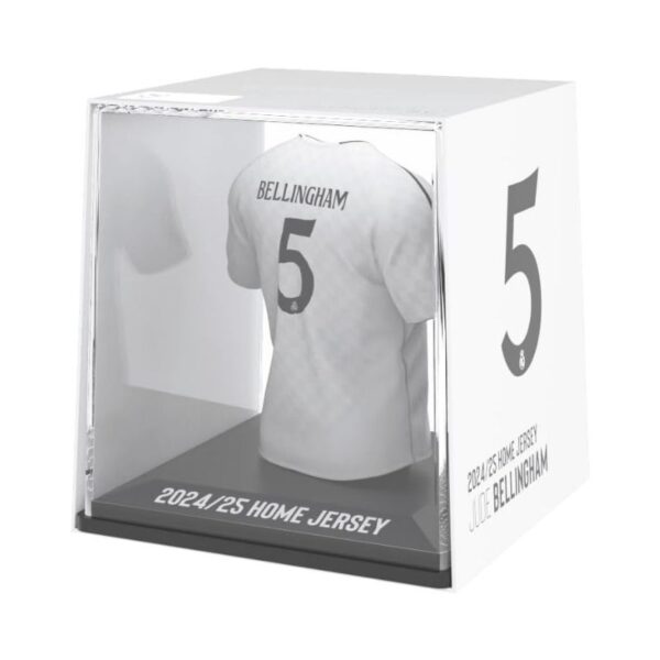 Real Madrid home jersey featuring Jude Bellingham's name and number, showcasing the team's colors and logo
