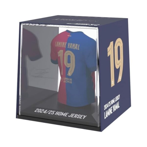 Home jersey of Lamine Yamal, Barcelona, featuring the team's colors and logo prominently displayed on the front