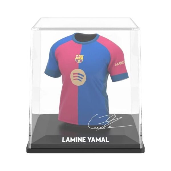 Home jersey of Lamine Yamal, Barcelona, featuring the team's colors and logo prominently displayed on the front
