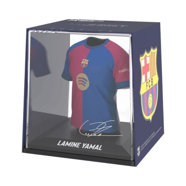 Home jersey of Lamine Yamal, Barcelona, featuring the team's colors and logo prominently displayed on the front