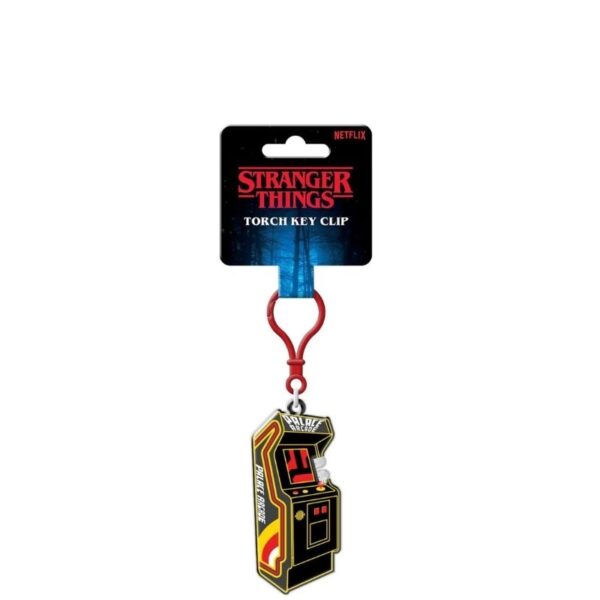 Keychain featuring a torch design inspired by the Stranger Things arcade game, with vibrant colors and detailed graphics