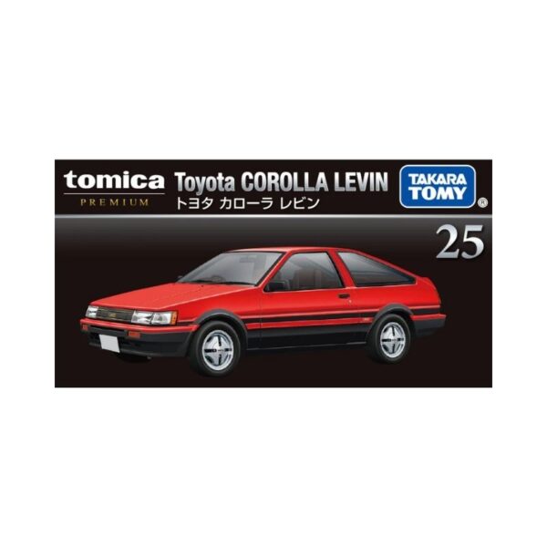 Takara Tomy Tomica model of a Corolla Levin, showcasing detailed design and vibrant colors in a miniature toy car format