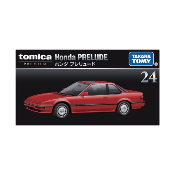 Takara Tomy Tomica model of a Honda Prelude, showcasing detailed design and vibrant colors in a miniature toy format