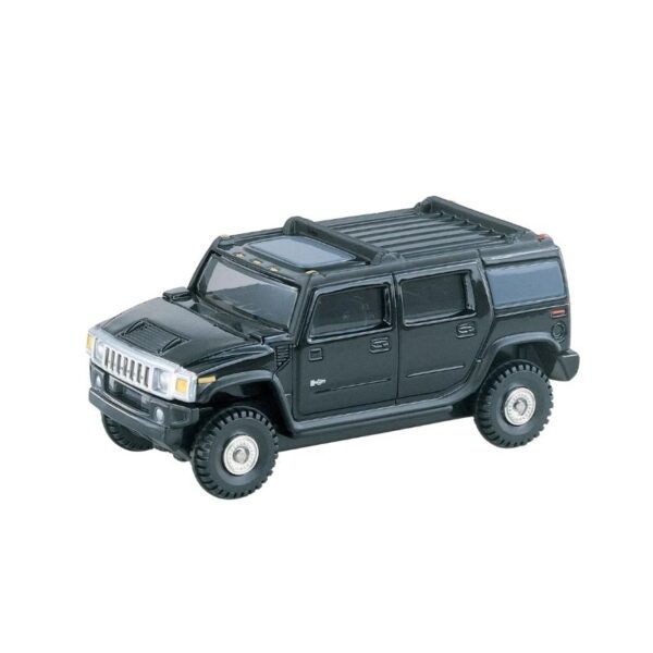 Takara Tomy Tomica Hummer H2 toy car in bright yellow, showcasing detailed design and realistic features.