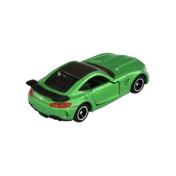 Takara Tomy Tomica model of a Mercedes-AMG GT R sports car in green, showcasing detailed design and features