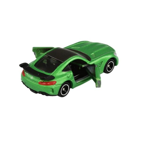 Takara Tomy Tomica model of a Mercedes-AMG GT R sports car in green, showcasing detailed design and features